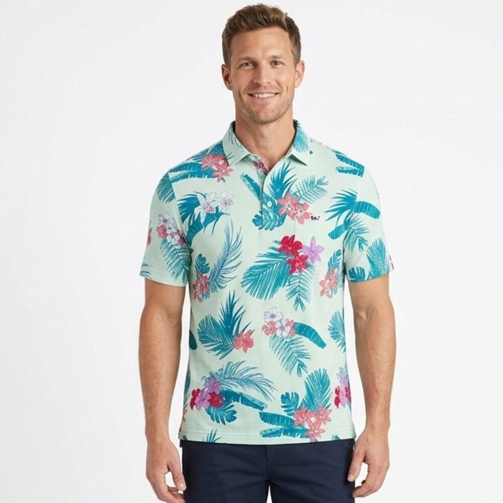 NWT Vineyard Vines On-The-Go Sankaty Polo Shirt Mens L Flowers Crystal Blue Logo